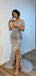 Grey Mermaid V-neck High Slit Cheap Long Prom Dresses Online,12686