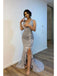 Grey Mermaid V-neck High Slit Cheap Long Prom Dresses Online,12686