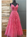 Hot Pink A-line Spaghetti Straps V-neck Cheap Long Prom Dresses Online,12620