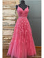 Hot Pink A-line Spaghetti Straps V-neck Cheap Long Prom Dresses Online,12620
