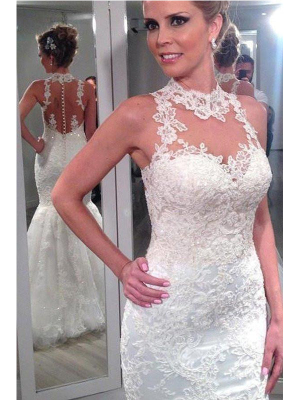 Lace Halter Mermaid Wedding Dresses,  Sexy Backless Custom Wedding Gowns, Affordable Bridal Dresses, 17105