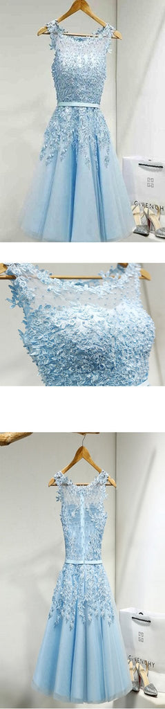 Light blue appliques lace see through lovely freshman homecoming prom gown dress,BD00109
