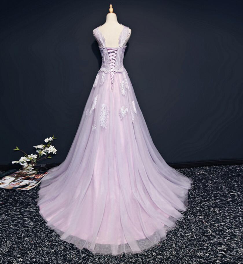 Lilac Cap Sleeve Straight Neckline Lace Long Evening Prom Dresses, Popular Party Prom Dresses, Custom Long Prom Dresses, Cheap Formal Prom Dresses, 17214