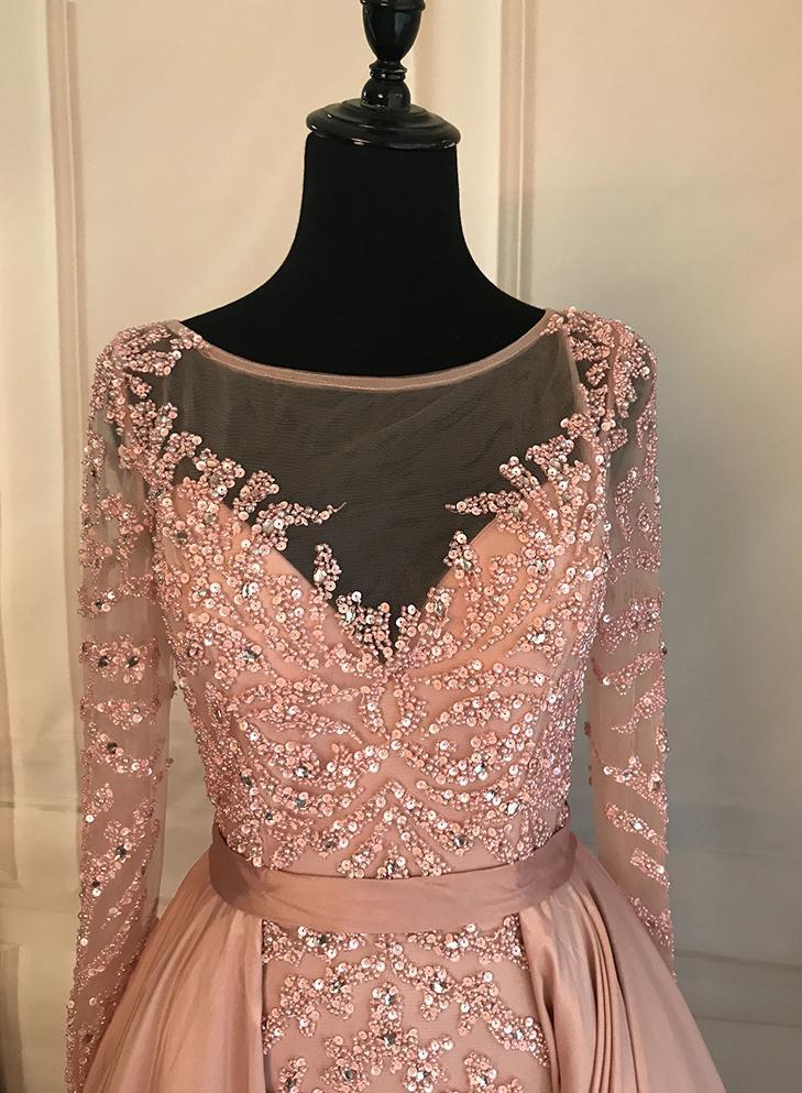 Long Sleeve See Through Heavily Beaded Dusty Pink Long Evening Prom Dresses, Popular Cheap Long Party Prom Dresses, 17228