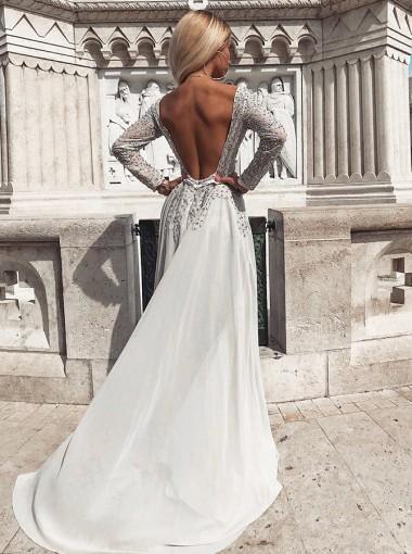 Long Sleeves Backless Grey Lace Beaded Cheap Evening Prom Dresses, Cheap Custom Sweet 16 Dresses, 18478