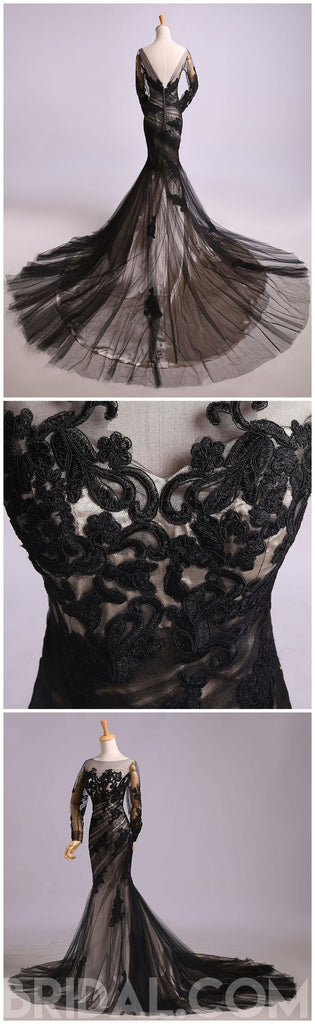 Long Sleeves Black Lace Mermaid Long Evening Prom Dresses, Cheap Sweet 16 Dresses, 18436