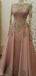 Long Sleeves Gold Lace Beaded Pink Skirt Long Evening Prom Dresses, Cheap Sweet 16 Dresses, 18357