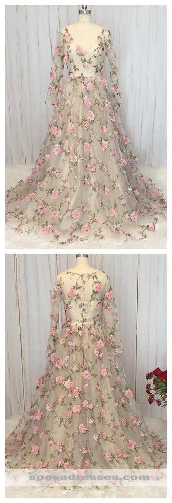 Long Sleeves HandMade Flowers Long Evening Prom Dresses, Cheap Sweet 16 Dresses, 18323