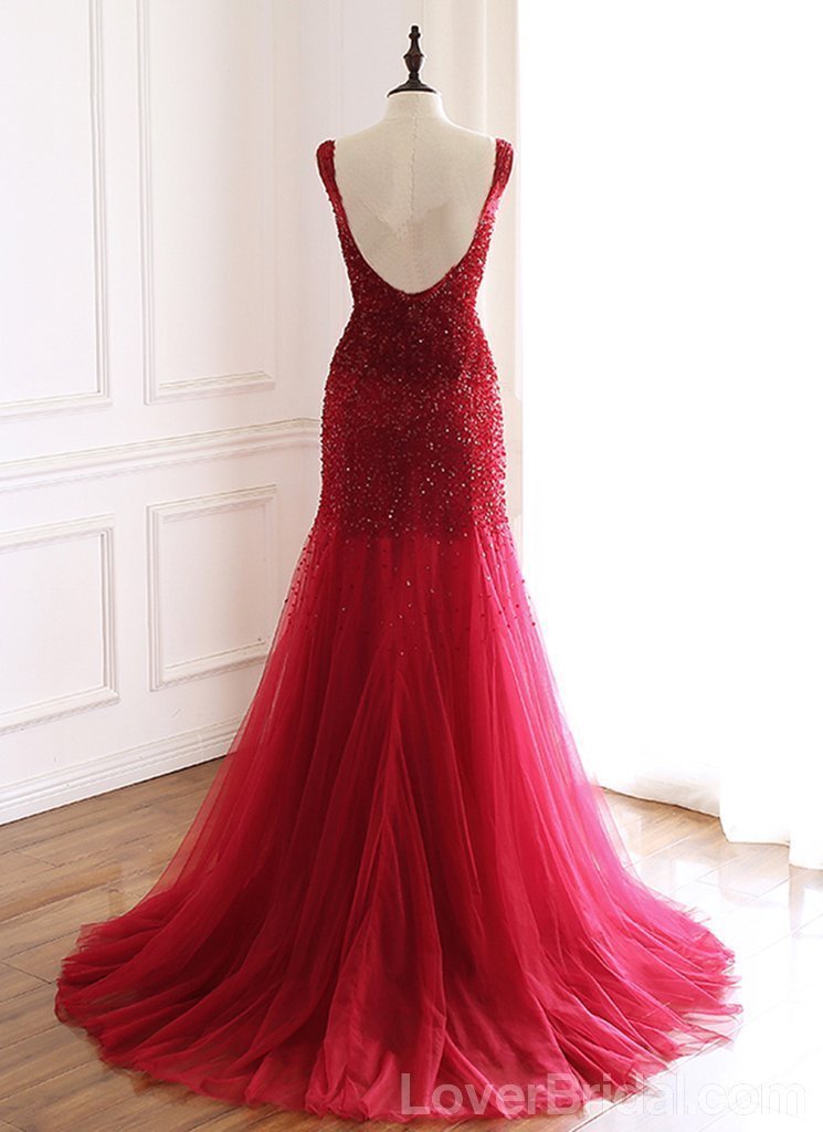 Mermaid See Through Red Long Evening Prom Dresses, Cheap Custom Party Prom Dresses, 18598