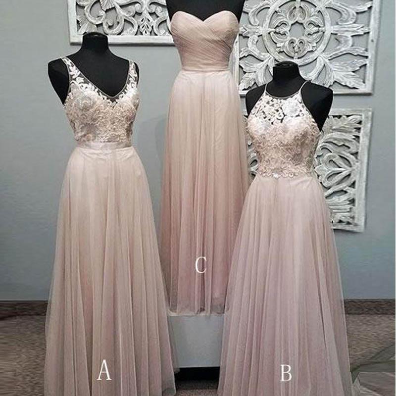 Mismatched Pale Blush Pink Lace Custom Bridesmaid Dresses, Cheap Unique Tulle Long Bridesmaid Gown, BD121