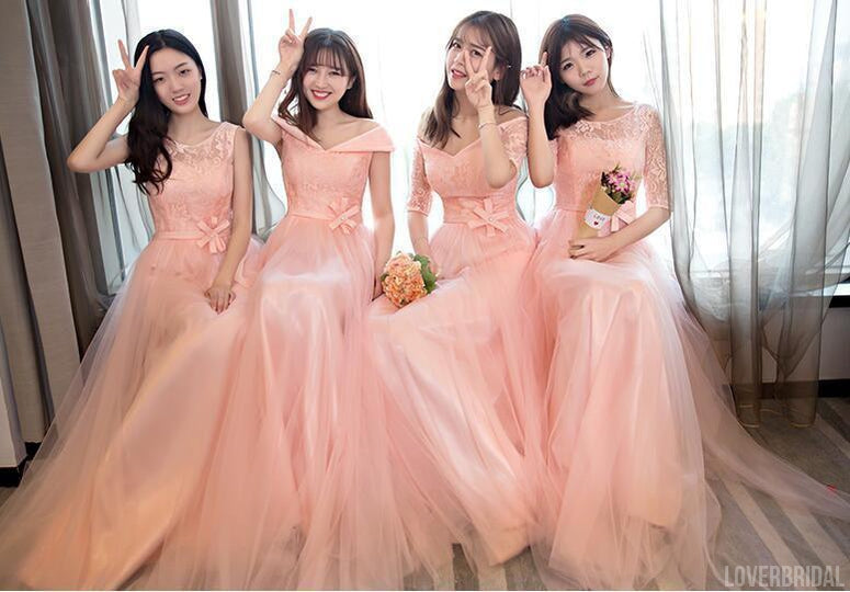 Mismatched Peach Lace Tulle Long Bridesmaid Dresses, Cheap Custom Long Bridesmaid Dresses, Affordable Bridesmaid Gowns, BD005