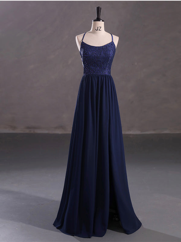 Navy Blue A-line Spaghetti Straps Cheap Long Prom Dresses Online,12861