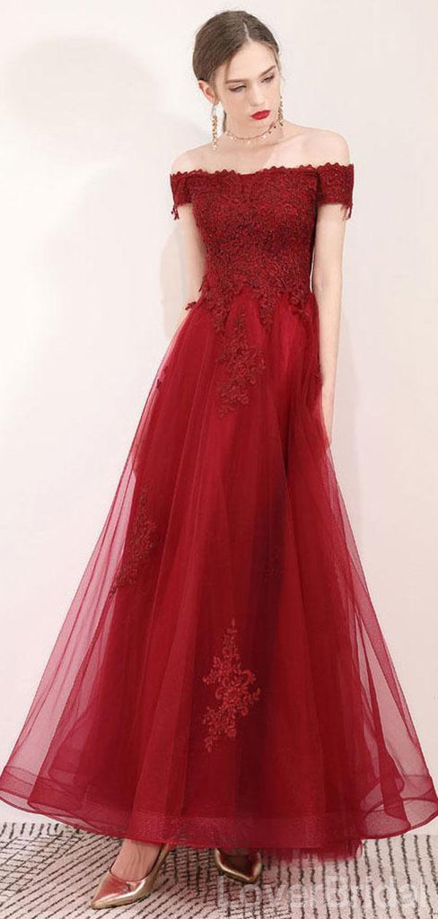 Off Shoulder Dark Red Lace Long Evening Prom Dresses, Cheap Party Custom  Prom Dresses, 18620