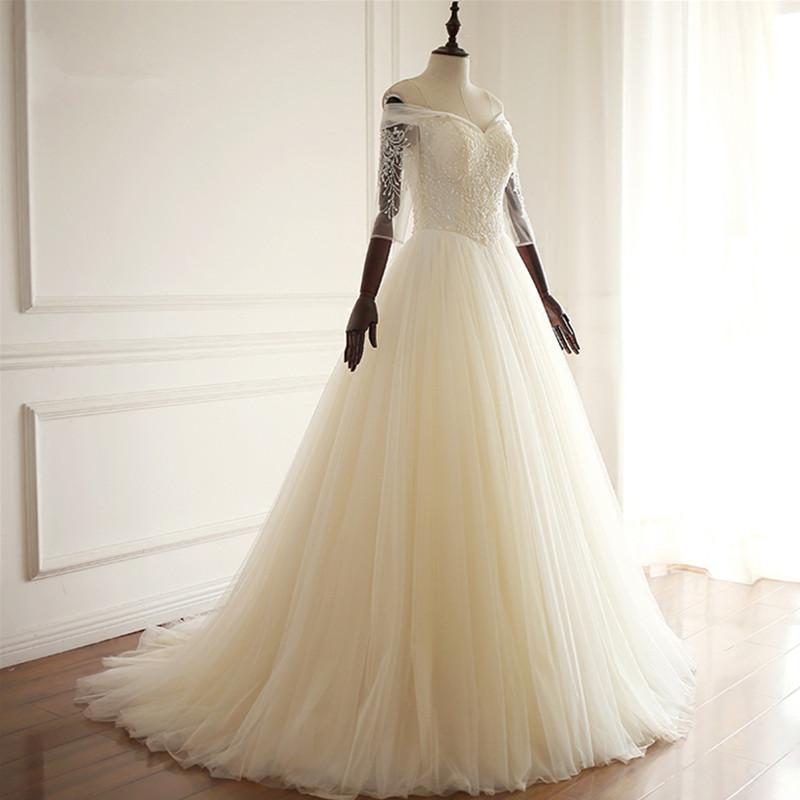 Off Shoulder Long Sleeve Lace Beaded A line Wedding Bridal Dresses, Custom Made Wedding Dresses, Affordable Wedding Bridal Gowns, WD264
