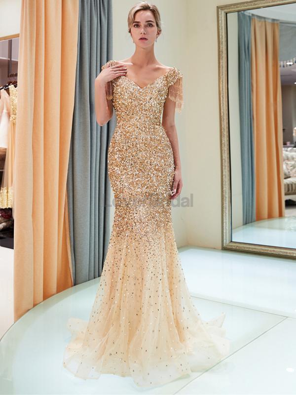 Off Shoulder Mermaid Gold Beaded Evening Prom Dresses, Evening Party Prom Dresses, 12060