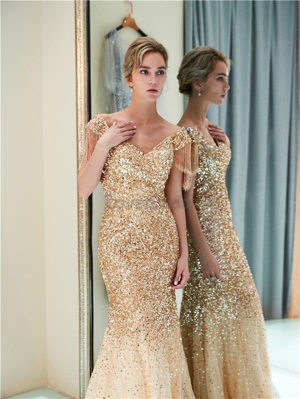 Off Shoulder Mermaid Gold Beaded Evening Prom Dresses, Evening Party Prom Dresses, 12060