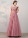 Off Shoulder Pink Tulle A-line Long Evening Prom Dresses, 17681