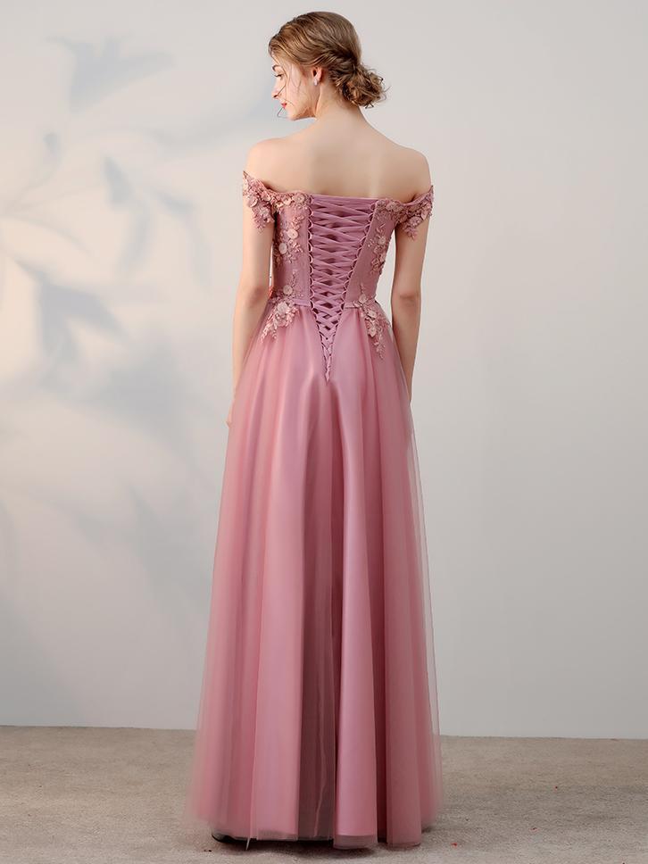 Off Shoulder Pink Tulle A-line Long Evening Prom Dresses, 17681