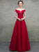 Off Shoulder Red Lace Beaded A-line Long Evening Prom Dresses, Evening Party Prom Dresses, 12328