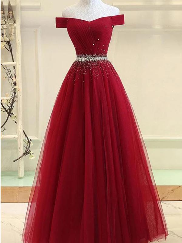 Off Shoulder Rhinestone Beaded Red Long Evening Prom Dresses, Evening Party Prom Dresses, 12317