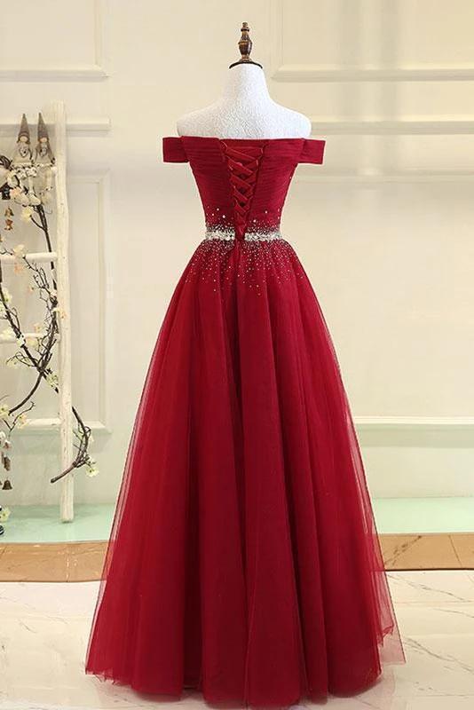 Off Shoulder Rhinestone Beaded Red Long Evening Prom Dresses, Evening Party Prom Dresses, 12317
