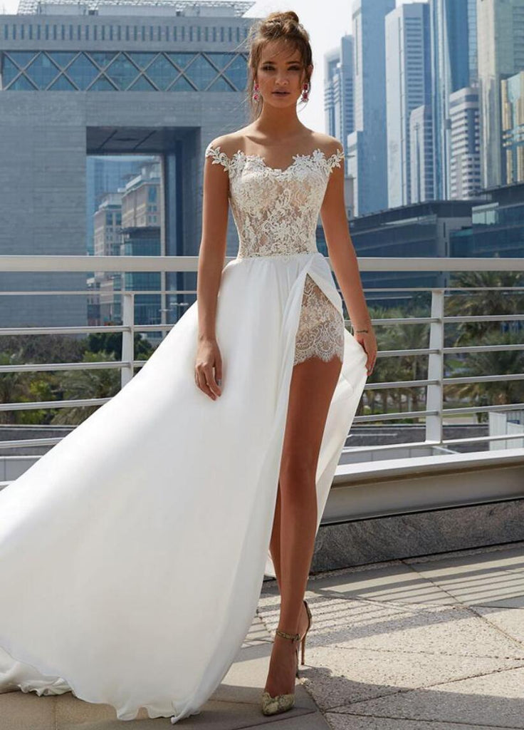 Off Shoulder See Through Cheap Wedding Dresses Online, Side Slit A-line Bridal Dresses, WD444