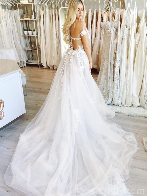 Off Shoulder See Through Lace A-line Cheap Wedding Dresses Online, Cheap Bridal Dresses, WD535
