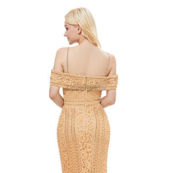 Off Shoulder Spaghetti Straps Gold Lace Evening Prom Dresses, Evening Party Prom Dresses, 12056