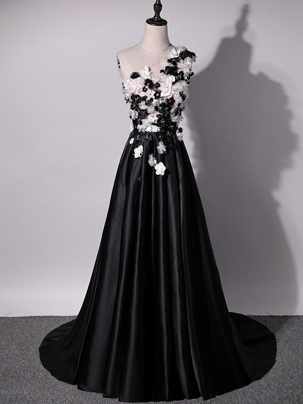 One Shoulder Handmade Flower Black A-line Long Evening Prom Dresses, 17624