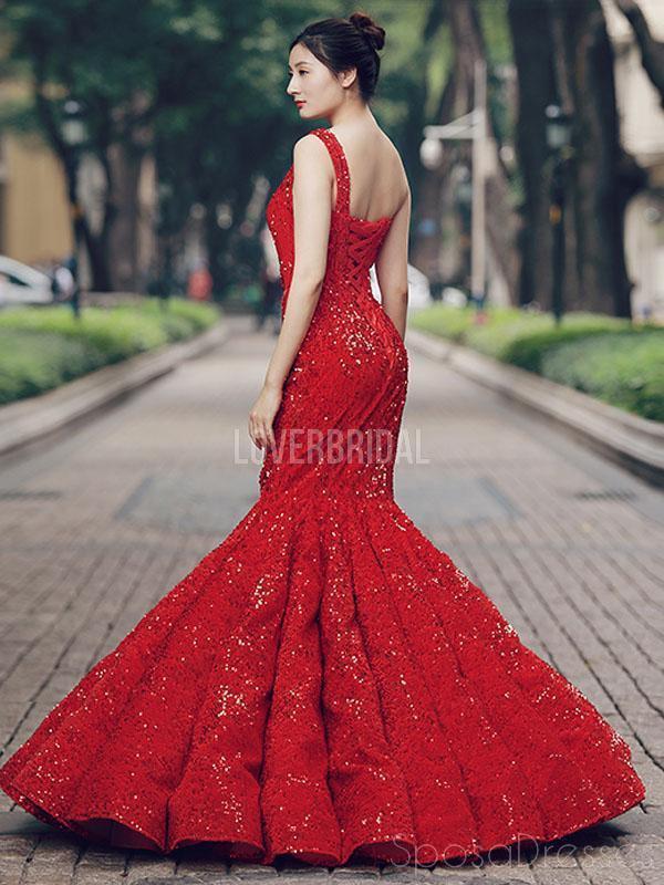 One Shoulder Red Sequin Mermaid Evening Prom Dresses, Evening Party Prom Dresses, 12267