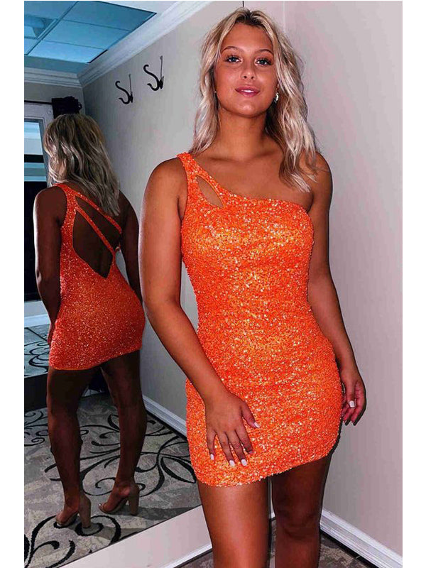 Orange One Shoulder Short Homecoming Dresses,Cheap Short Prom Dresses,CM942