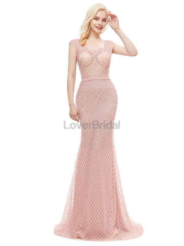 Peach Seen Through Cap-Sleves Lace Beaded Mermaid Evening Prom Dresses, Evening Party Prom Dresses, 12046