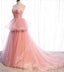 Pink A-line Spaghetti Straps V-neck Long Prom Dresses Online, Dance Dresses,12494