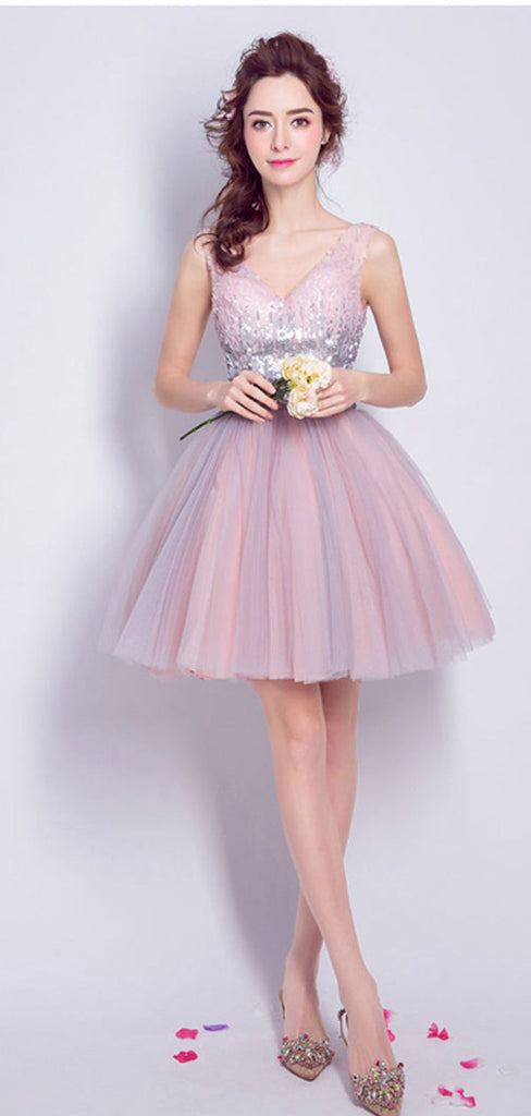 Pink V-neck Short Homecoming Dresses,Cheap Short Prom Dresses,CM925