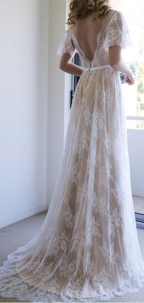 Plain Lace Cap Sleeves V-neck Cheap Wedding Dresses Online, Cheap Lace Bridal Dresses, WD476