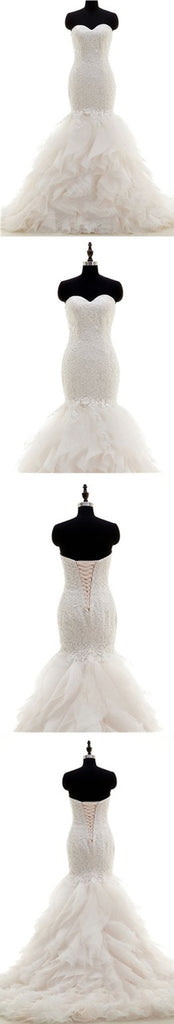 Popular Sweetheart Lace Up Mermaid White Lace Chiffon Wedding Dresses, WD0178