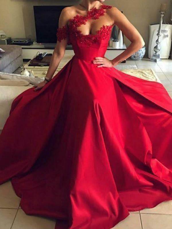 Red A-line One Shoulder Sleeveless Cheap Long Prom Dresses Online,12534