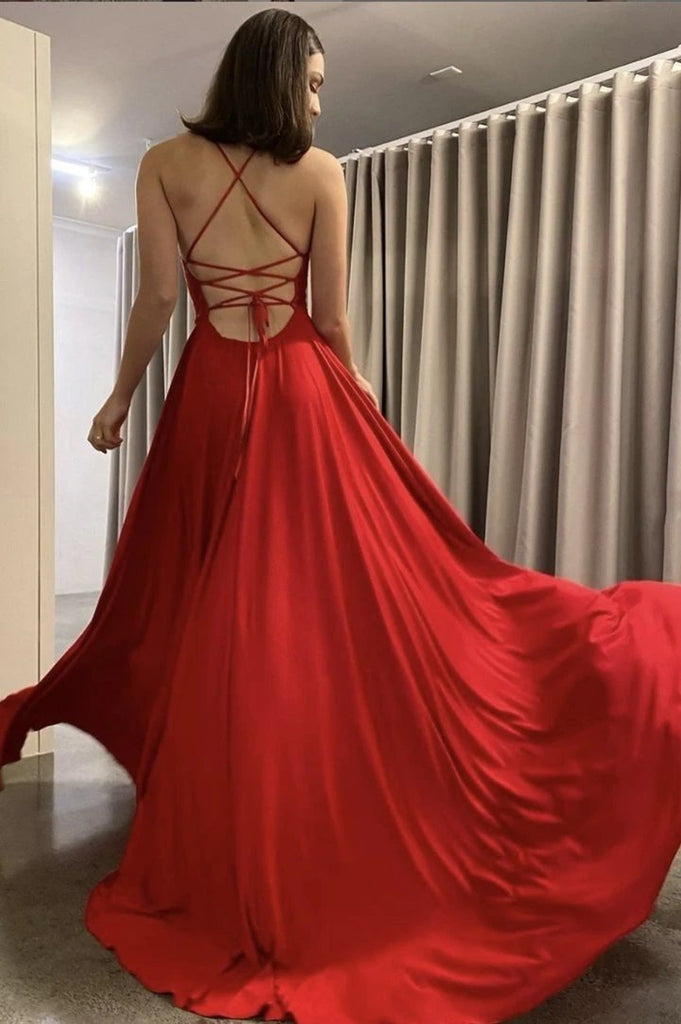 Red A-line Spaghetti Straps Backless High Slit Long Prom Dresses Online,12518