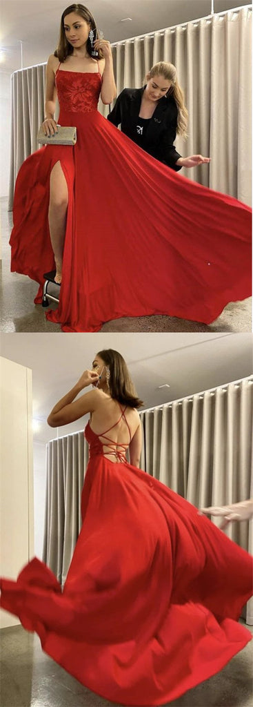 Red A-line Spaghetti Straps Backless High Slit Long Prom Dresses Online,12518