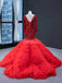 Red Long Sleeves Ruffles Mermaid Evening Prom Dresses, Evening Party Prom Dresses, 12236