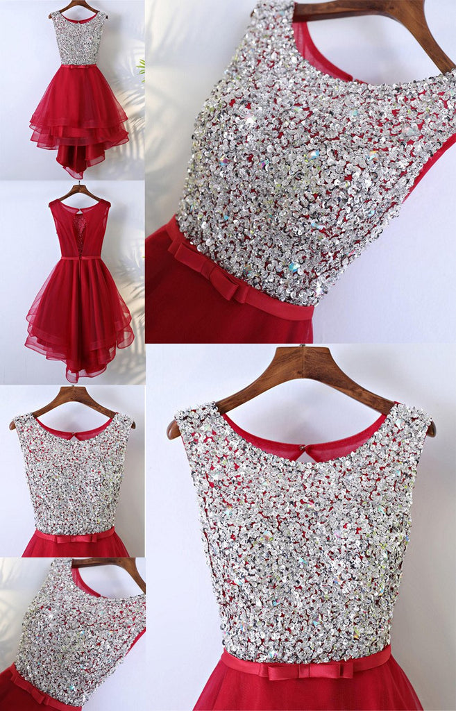 Rhinestone Sequin High Low Open Back Red Homecoming Prom Dresses, Affordable Corset Back Short Party Prom Dresses, Perfect Homecoming Dresses, CM241