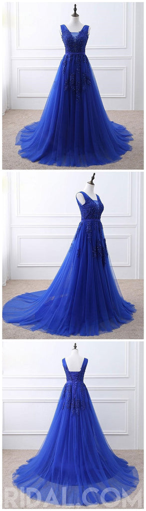 Royal Blue V Neck Lace Beaded Applique Long Evening Prom Dresses, Cheap Sweet 16 Dresses, 18426