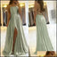 Sage A-line Spaghetti Straps High Slit Cheap Long Prom Dresses Online,12709