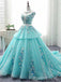 Scoop Cap Sleeves Tiffany Blue Lace Long Evening Prom Dresses, Cheap Custom Sweet 16 Dresses, 18522