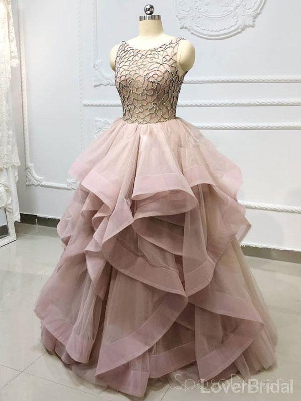 Scoop Grey Champagne Ball Gown Long Evening Prom Dresses, Party Custom Prom Dresses, 18634