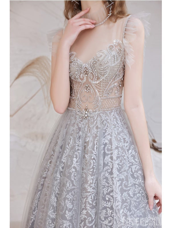 See Through Grey A-line Illusion Spaghetti Straps Long Prom Dresses Online,12565