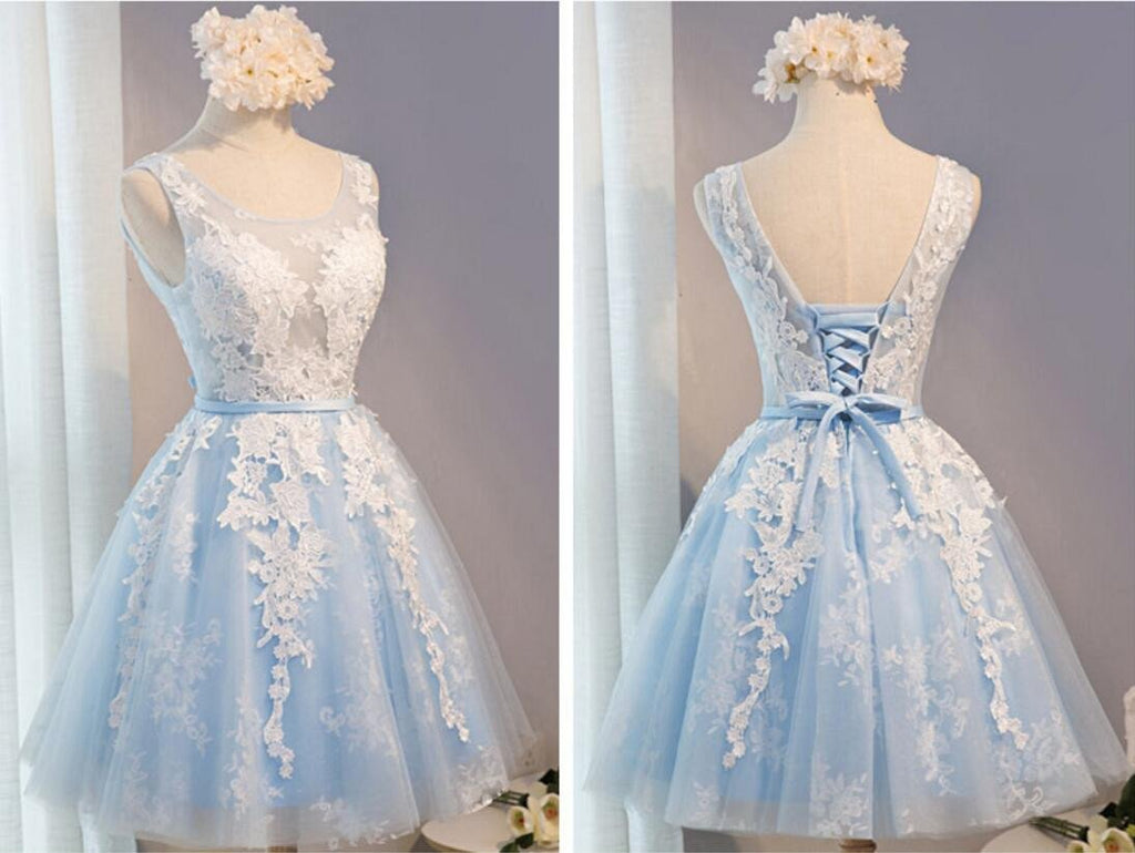 See Through Light Blue Skirt Ivory Lace Homecoming Prom Dresses, Affordable Short Party Prom Dresses, Perfect Homecoming Dresses, CM278