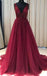 See Through V Neck Dark Red Beaded Long Evening Prom Dresses, Cheap Custom Party Prom Dresses, 18590