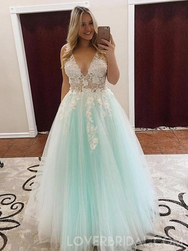See Through V Neck Mint Lace Applique Long Evening Prom Dresses, Cheap Sweet 16 Dresses, 18424