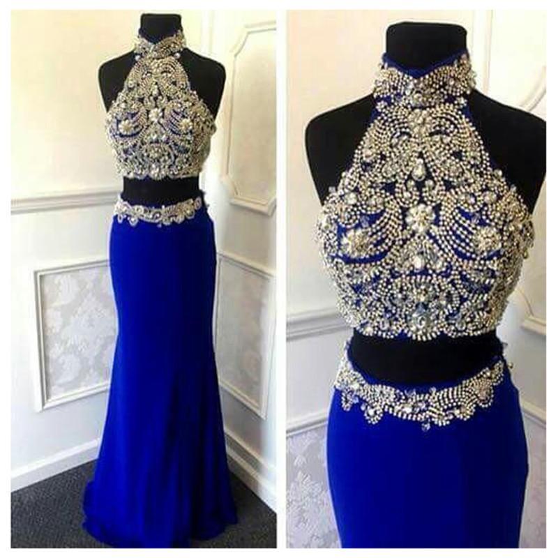 Sexy 2 Pieces Mermaid Beaded Royal Blue High Neck Long Evening Party Prom Dresses, WG564